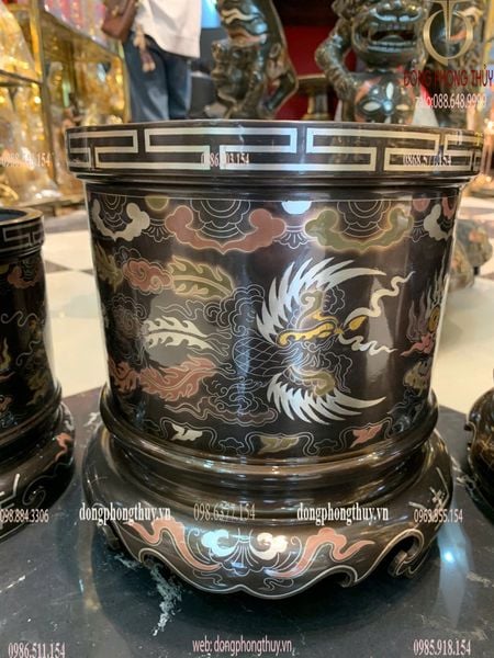 Bát hương đồng khảm ngũ sắc bên RỒNG bên PHƯỢNG đường kính 23cm