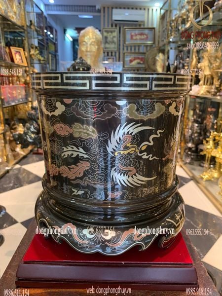 Bát hương đồng khảm ngũ sắc bên RỒNG bên PHƯỢNG đường kính 23cm