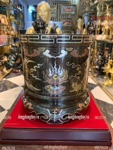 Bát hương đồng khảm ngũ sắc bên RỒNG bên PHƯỢNG