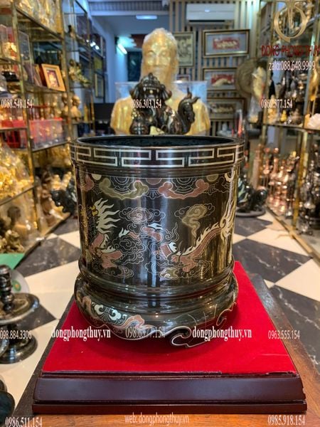 Bát hương đồng khảm ngũ sắc bên RỒNG bên PHƯỢNG