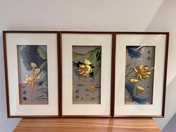 Bộ 3 tranh hoa sen mạ vàng 24k - Tước Lạc Liên Hoa 40x65cm