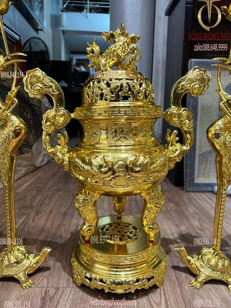 Bộ đỉnh đồng 50cm dát vàng nano song long chầu nguyệt