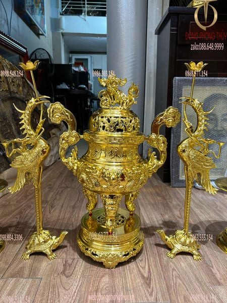Bộ đỉnh đồng 50cm dát vàng nano song long chầu nguyệt