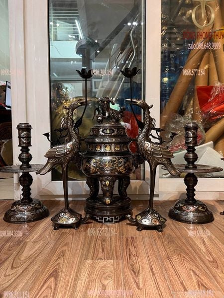 Ngũ sự đỉnh đồng khảm ngũ sắc cao 55cm
