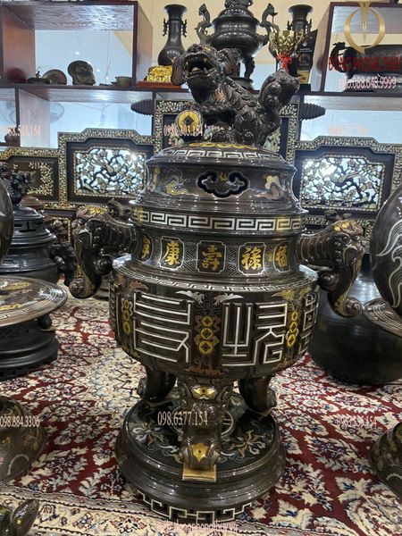 Bộ đỉnh đồng ngũ sự Tai Cui chữ Triện khảm ngũ sắc hạc nghênh