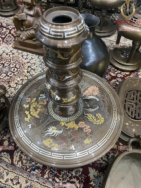 Bộ đỉnh đồng ngũ sự Tai Cui chữ Triện khảm ngũ sắc hạc nghênh