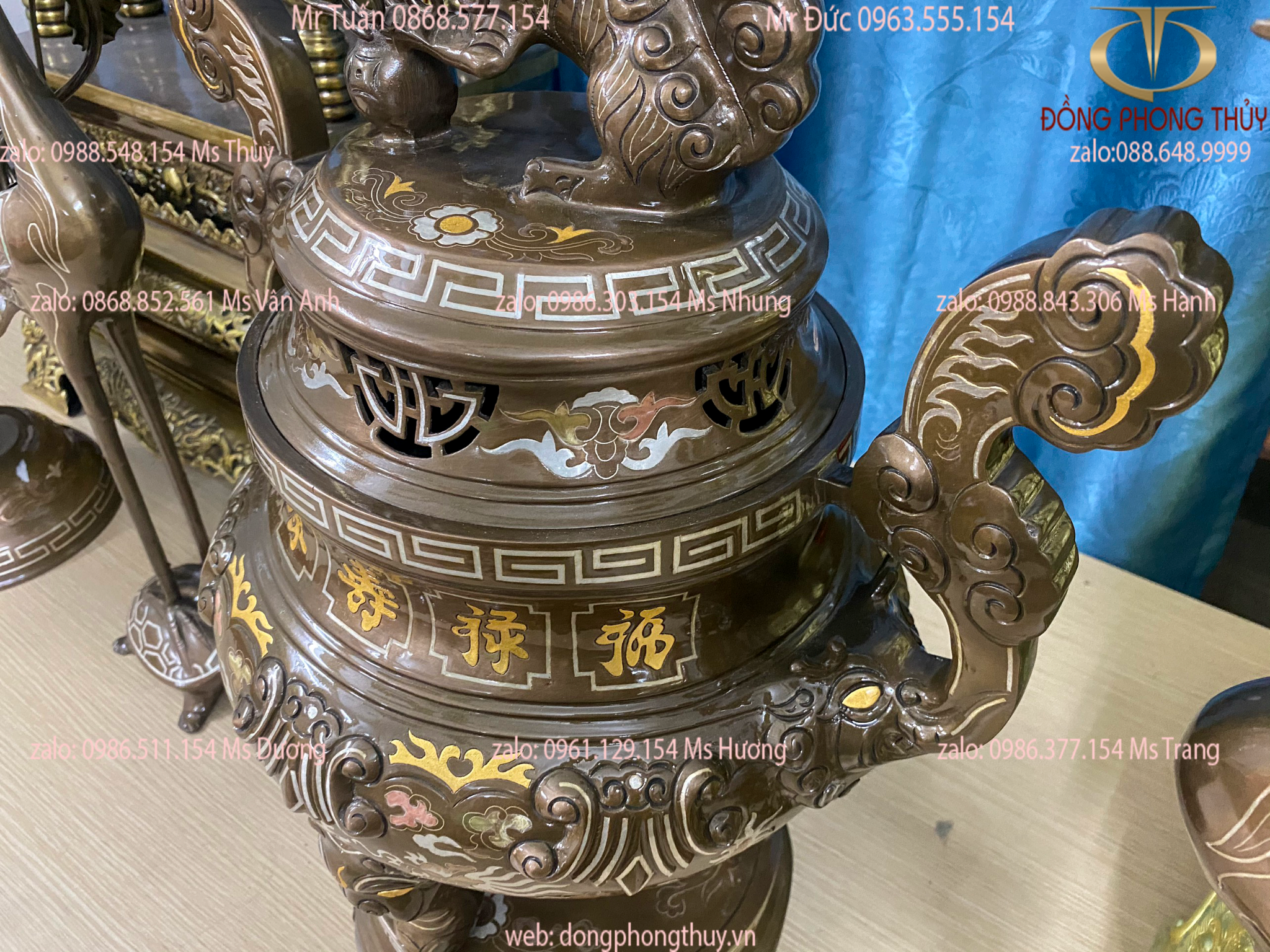 Bộ đỉnh đồng ngũ sự khảm tam khí cao 60cm nặng 40kg khảm vàng nhiều chi tiết