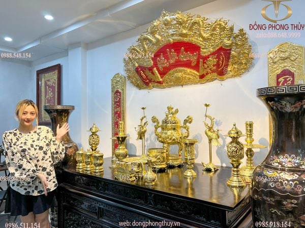 Bộ đồ thờ bằng đồng đầy đủ dát vàng nano