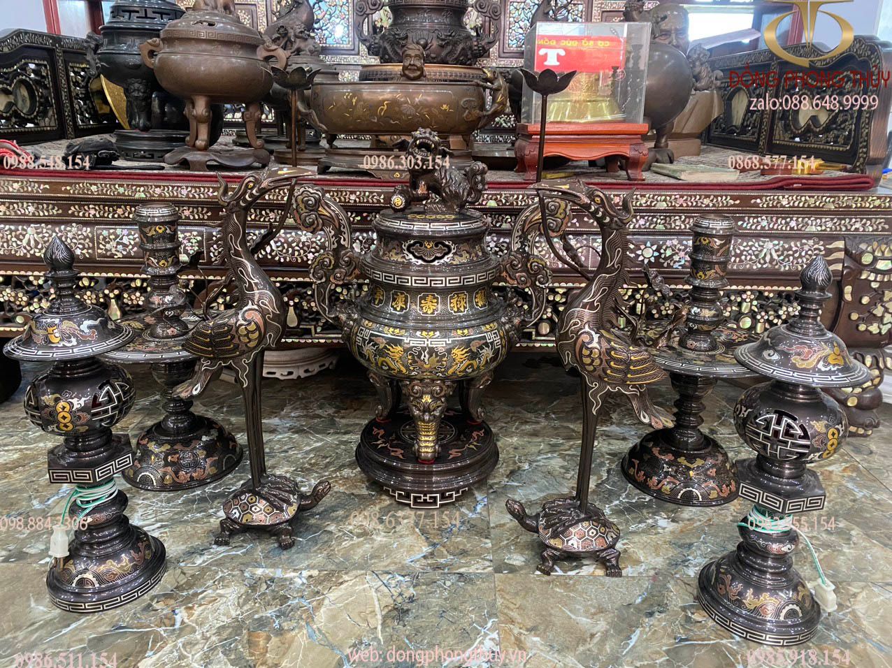 Bộ lư đồng 70cm khảm ngũ sắc 7 món