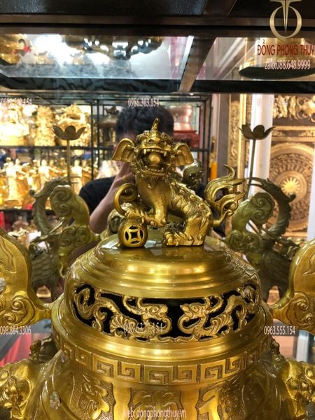 Bộ đỉnh đồng thờ ngũ sự  50cm song long chầu nguyệt