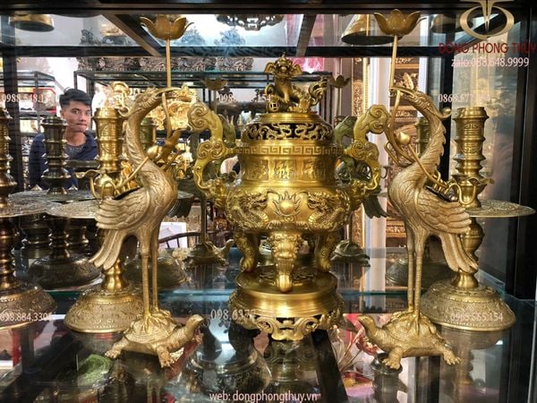 Bộ đỉnh đồng thờ ngũ sự  50cm song long chầu nguyệt