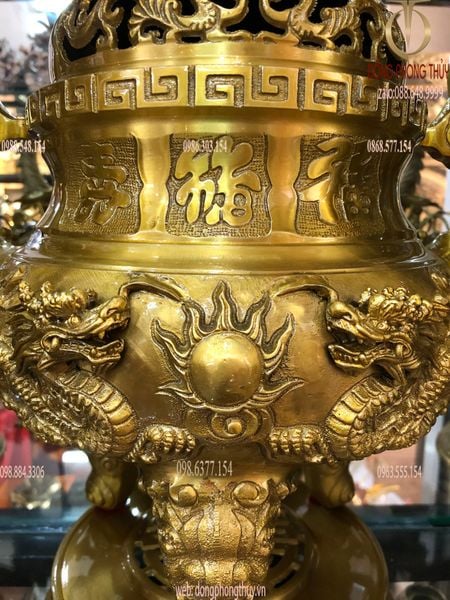 Bộ đỉnh đồng thờ ngũ sự  50cm song long chầu nguyệt