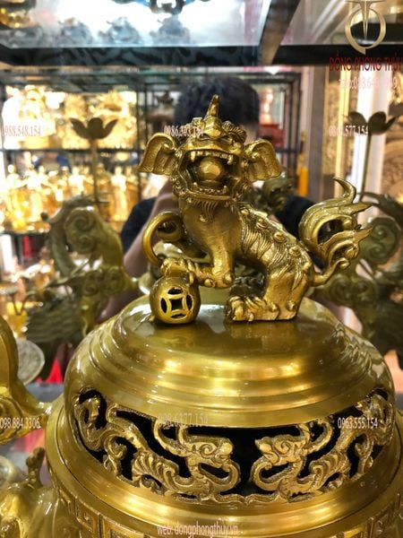 Bộ đỉnh đồng thờ ngũ sự  50cm song long chầu nguyệt