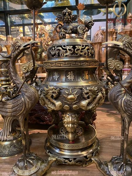 Bộ đỉnh đồng ngũ sự 60cm màu hun xanh cạo nặng 29kg song long