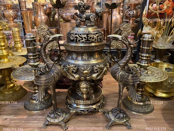 Bộ đỉnh đồng ngũ sự 60cm màu hun xanh cạo nặng 29kg song long