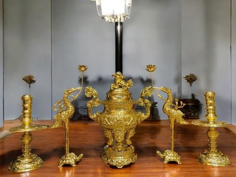 Bộ đỉnh đồng ngũ sự 65cm dát vàng 38kg