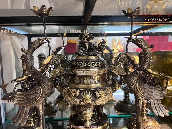 Bộ đỉnh đồng ngũ sự thờ 40cm màu hun xanh cạo song long chầu nguyệt