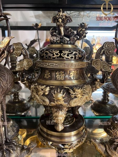Bộ đỉnh đồng ngũ sự thờ 40cm màu hun xanh cạo song long chầu nguyệt