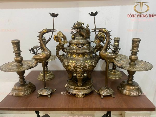 Bộ ngũ sự đỉnh đồng 60cm 39kg khảm tam khí