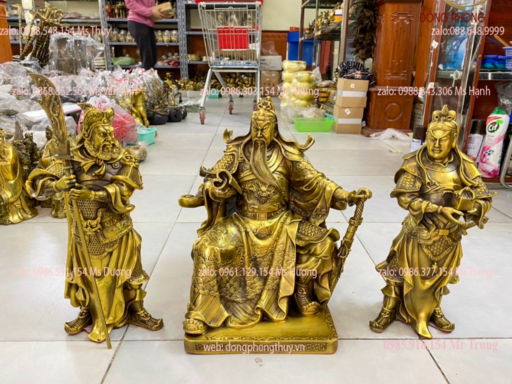 Bộ tượng tam thánh Quan Công đế quân Châu Xương, Quan Bình cao 39cm