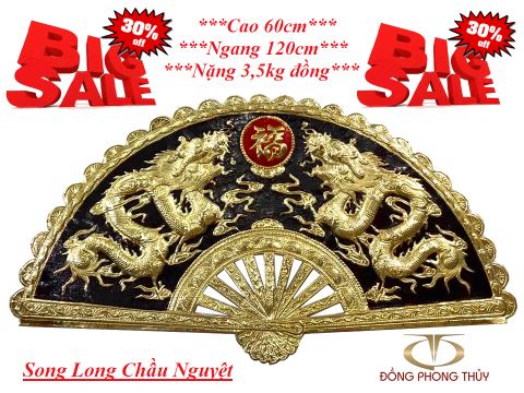 Tranh Quạt Song Long Chầu Nguyệt bằng đồng 60cm*1m2 nền đen