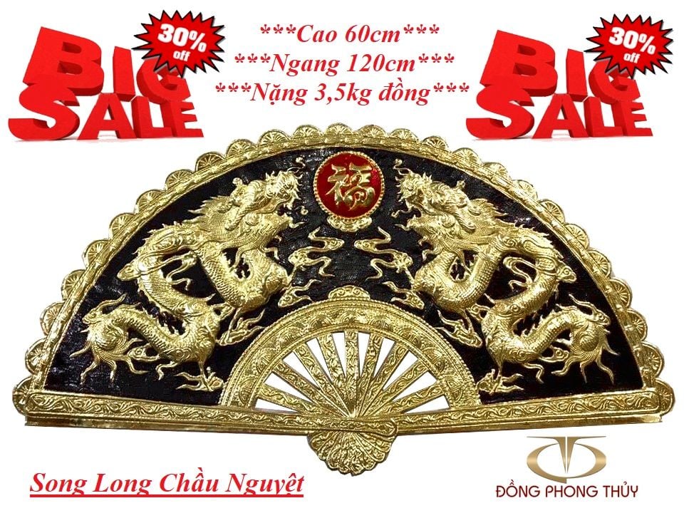 Tranh Quạt Song Long Chầu Nguyệt bằng đồng 60cm*1m2 nền đen