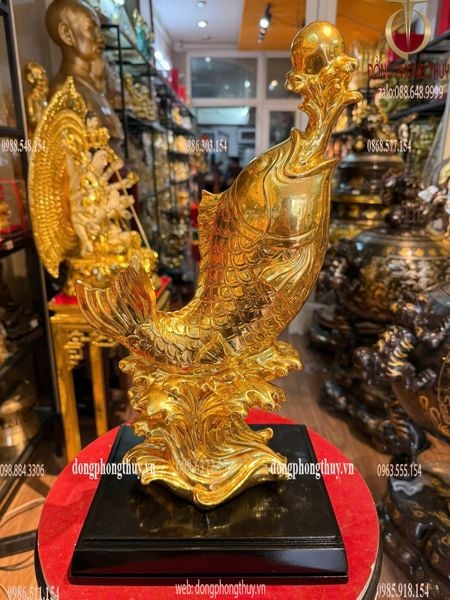 Cá chép hóa rồng bằng đồng dát vàng 24k Cao 39 ngang 15 sâu 13 nặng 3,9kg
