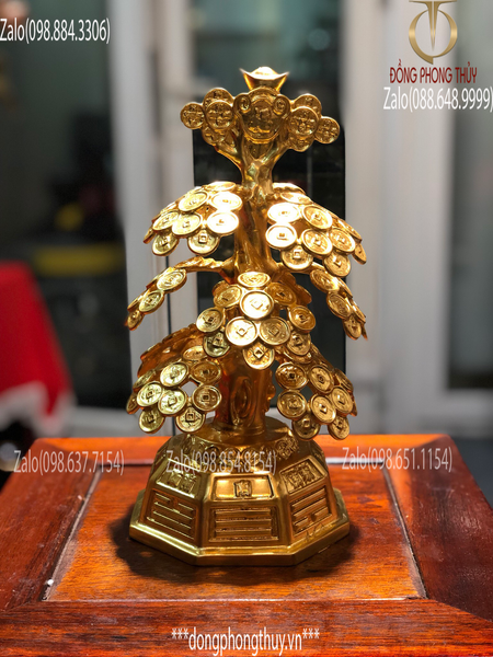 Cây kim tiền phát tài, phát lộc bằng đồng thếp vàng 24k cao 26cm