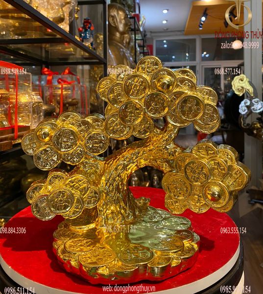Cây kim tiền phát tài, phát lộc bằng đồng dát vàng 24k