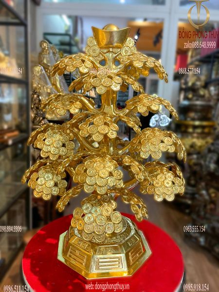 Cây kim tiền phát tài, phát lộc bằng đồng 48cm dát vàng 24k