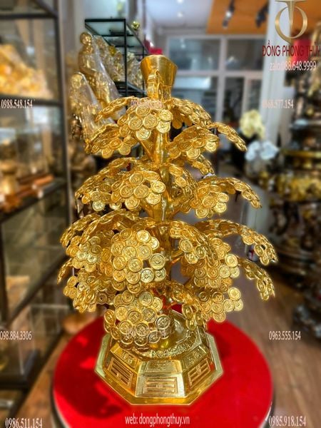 Cây kim tiền phát tài, phát lộc bằng đồng 48cm dát vàng 24k