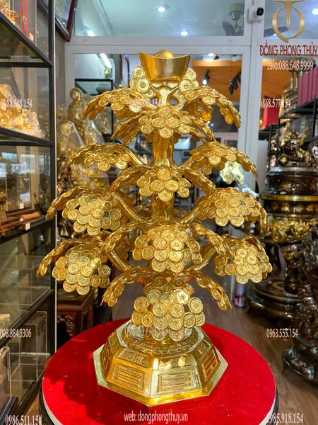 Cây kim tiền phát tài, phát lộc bằng đồng 48cm dát vàng 24k