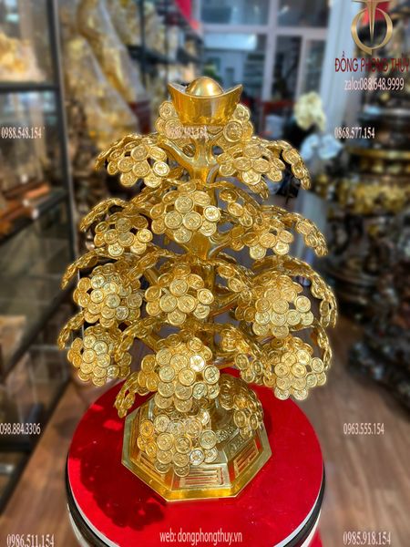 Cây kim tiền phát tài, phát lộc bằng đồng 48cm dát vàng 24k