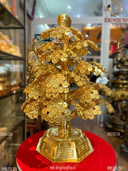 Cây kim tiền phát tài, phát lộc bằng đồng 48cm dát vàng 24k