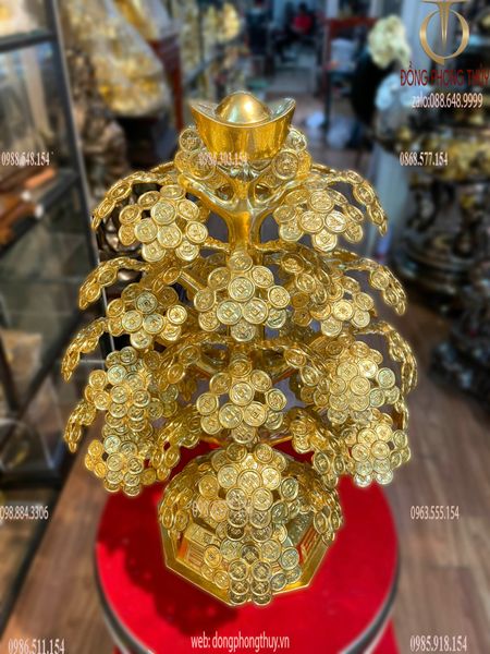 Cây kim tiền phát tài, phát lộc bằng đồng 48cm dát vàng 24k