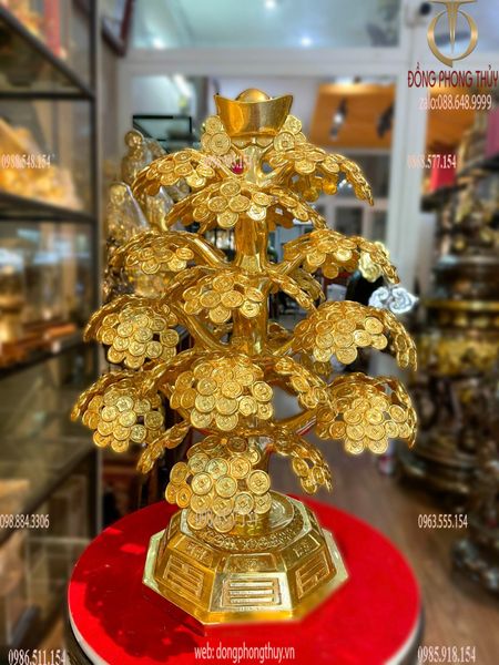 Cây kim tiền phát tài, phát lộc bằng đồng 48cm dát vàng 24k