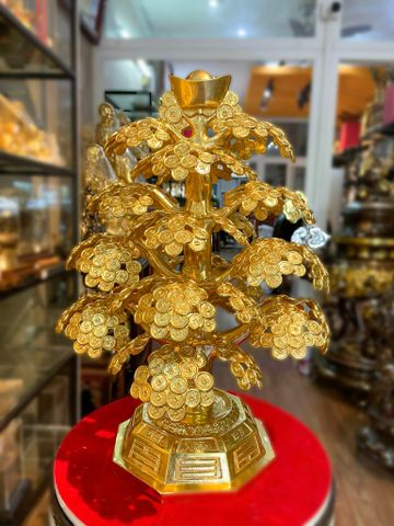 Cây kim tiền phát tài, phát lộc bằng đồng 48cm dát vàng 24k