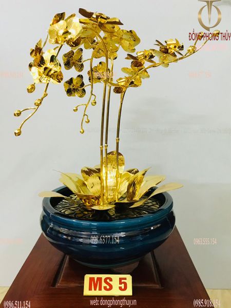 Chậu hoa lan hồ điệp bằng đồng mạ vàng 24k 3 cành cao 48cm ms5