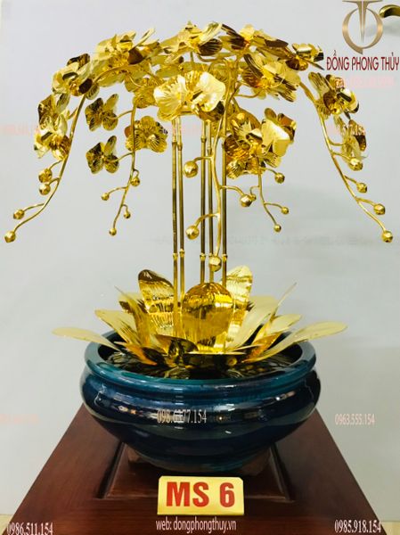 Quà tặng sếp mạ vàng-quà tặng vip-Chậu hoa lan mạ vàng 24k 5 cành 48cm