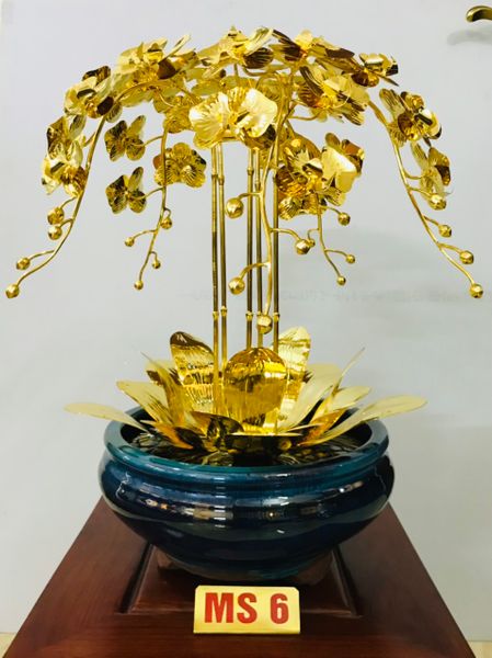 Quà tặng sếp mạ vàng-quà tặng vip-Chậu hoa lan mạ vàng 24k 5 cành 48cm