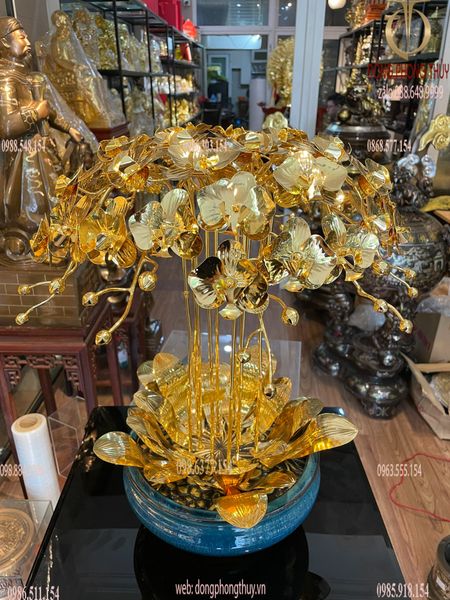 Quà tặng sếp-quà tặng mạ vàng-Hoa lan mạ vàng 24k 10 cành cao 55cm
