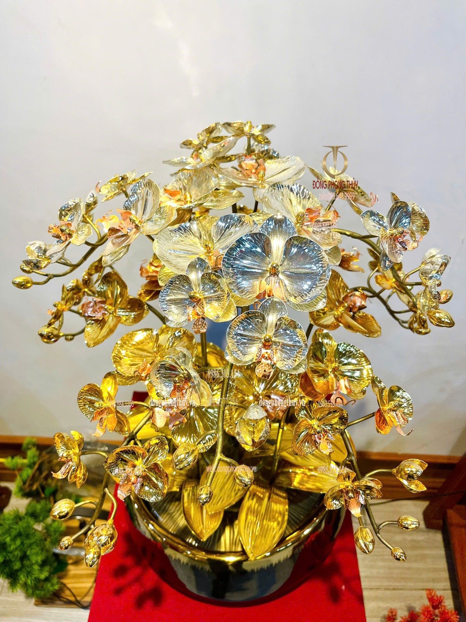 Chậu hoa lan mạ vàng 24k 9 cành thân giả cổ- cao 58cm- tán rộng 48cm