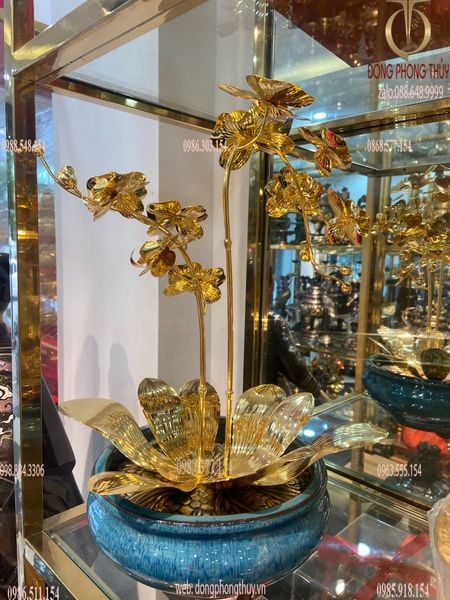 Quà tặng doanh nghiệp-quà tặng mạ vàng-Chậu hoa lan mạ vàng 24k 2 cành