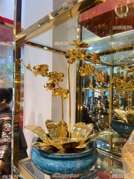 Quà tặng doanh nghiệp-quà tặng mạ vàng-Chậu hoa lan mạ vàng 24k 2 cành