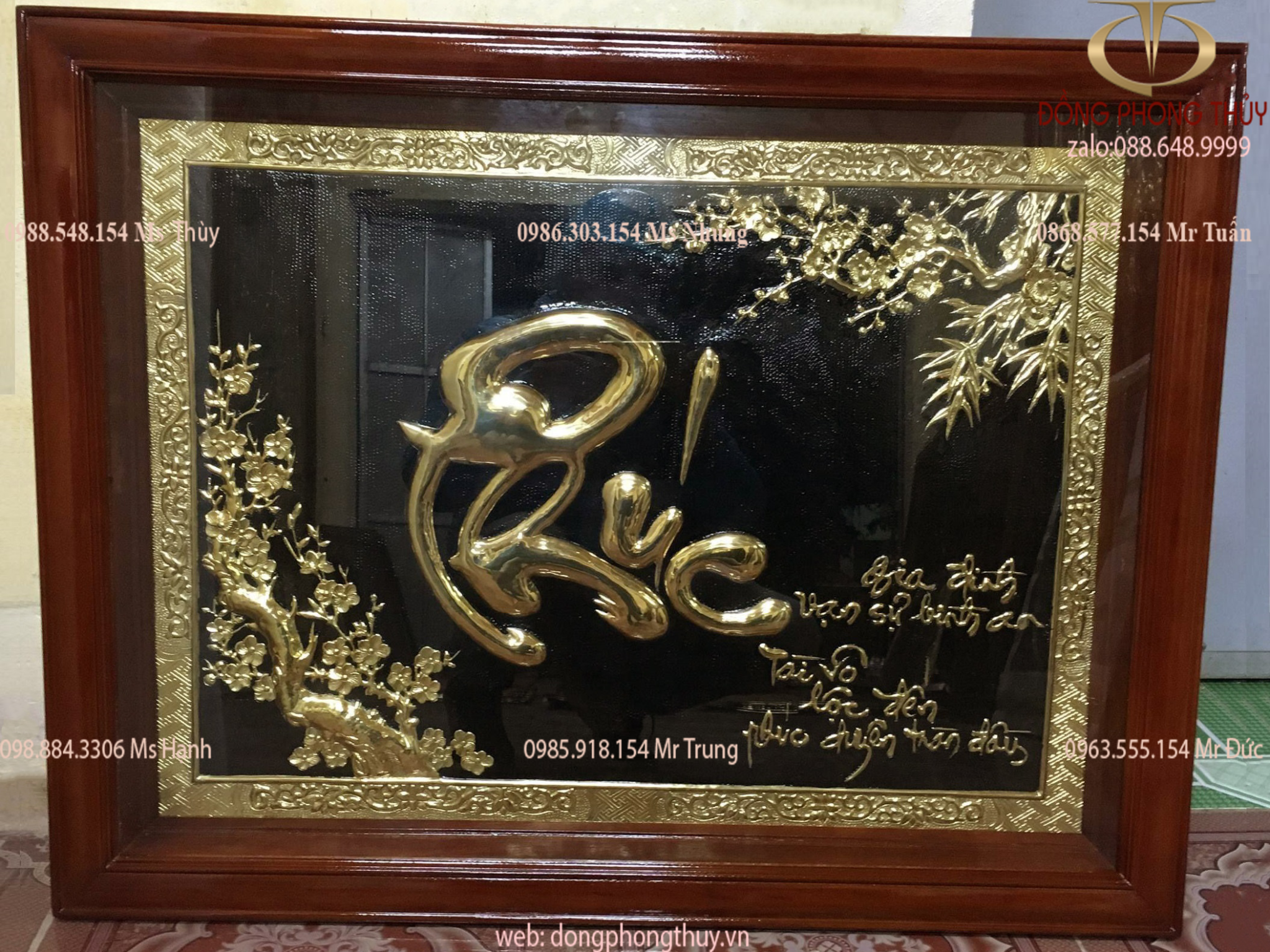 Tranh chữ phúc bằng đồng dát vàng 24k