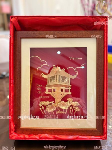 Tranh chùa một cột mạ vàng 24k 30x25cm nền đỏ