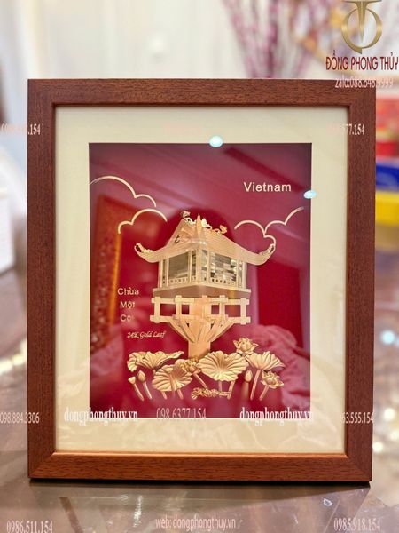 Tranh chùa một cột mạ vàng 24k 30x25cm nền đỏ