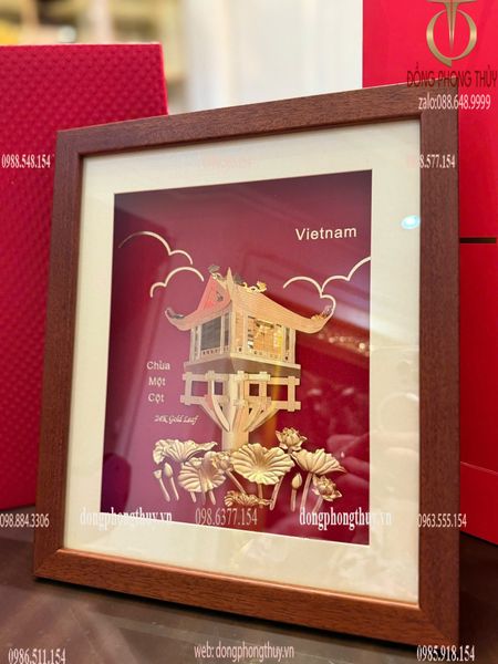 Tranh chùa một cột mạ vàng 24k 30x25cm nền đỏ