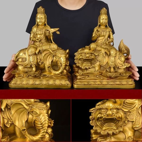 Tượng Văn Thù Sư Lợi + Phổ Hiền cưỡi voi bằng đồng 40cm