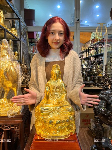 Tượng phật Quan Âm ngồi đài sen bằng đồng dát vàng 24k Cao 39cm nặng 4,8kg